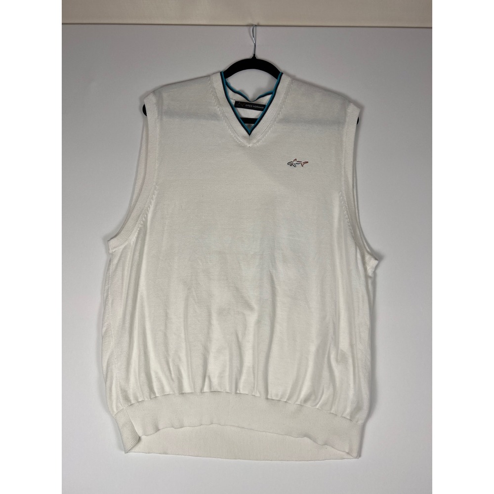 Greg Norman Mens White Cotton V-Neck Golf Sweater Vest XL Shark Logo Trim